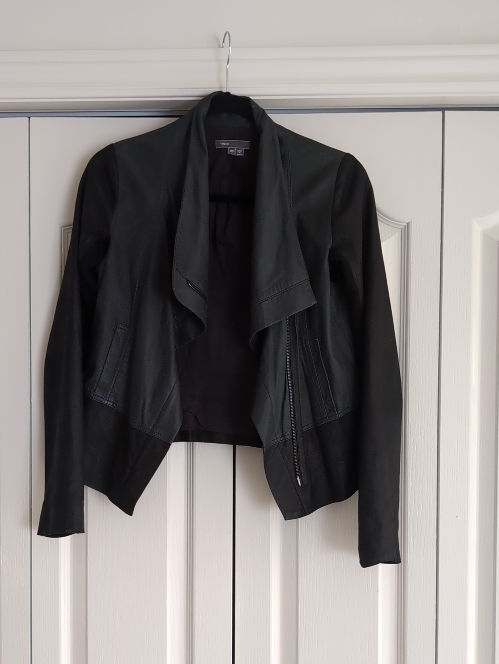 Vince Draped Leather Jacket In Black And Deep Navy